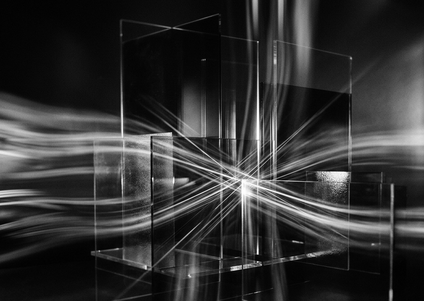 Black-and-white abstract of light streaks converging through glass panels.