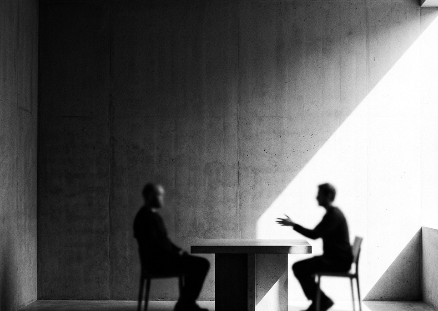Black-and-white photograph of two figures in conversation across a table in a concrete room.